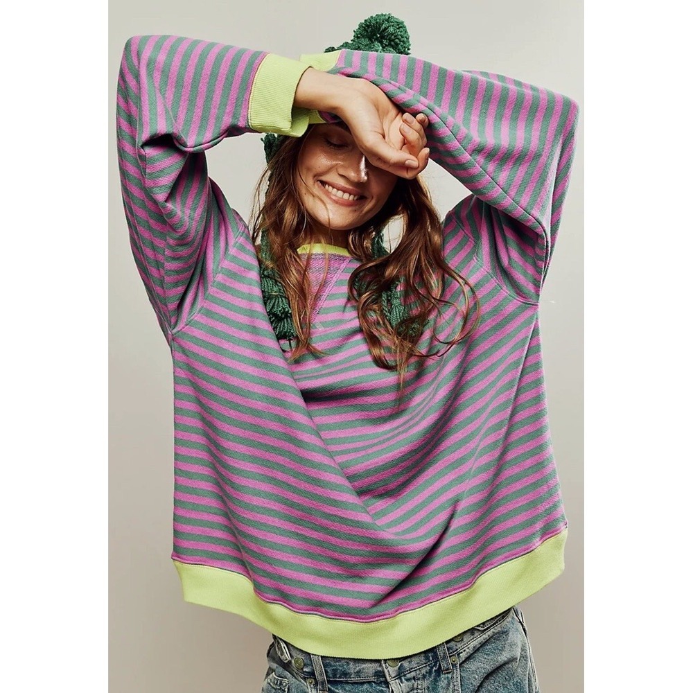 Free People Pink and Green Striped Sweatshirt